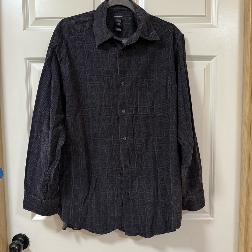 Claiborne men’s black L plaid charcoal long sleeve textured button up cotton